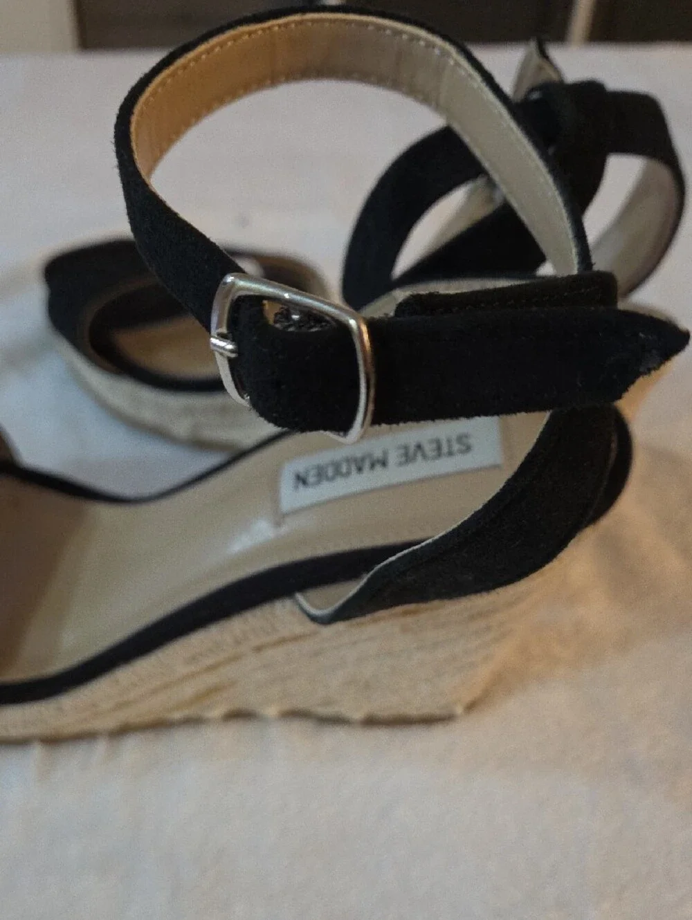 Steve Madden Black Suede Ankle-Strap Espadrille Wedges